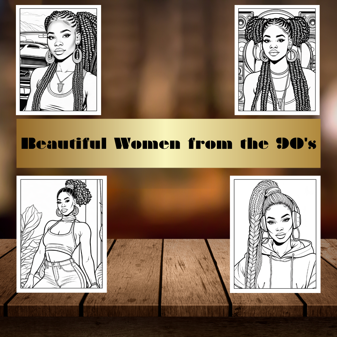 90s Black Women Coloring Pages | Retro Fashion, Hoop Earrings & Boombox Designs | 25 Printable Sheets