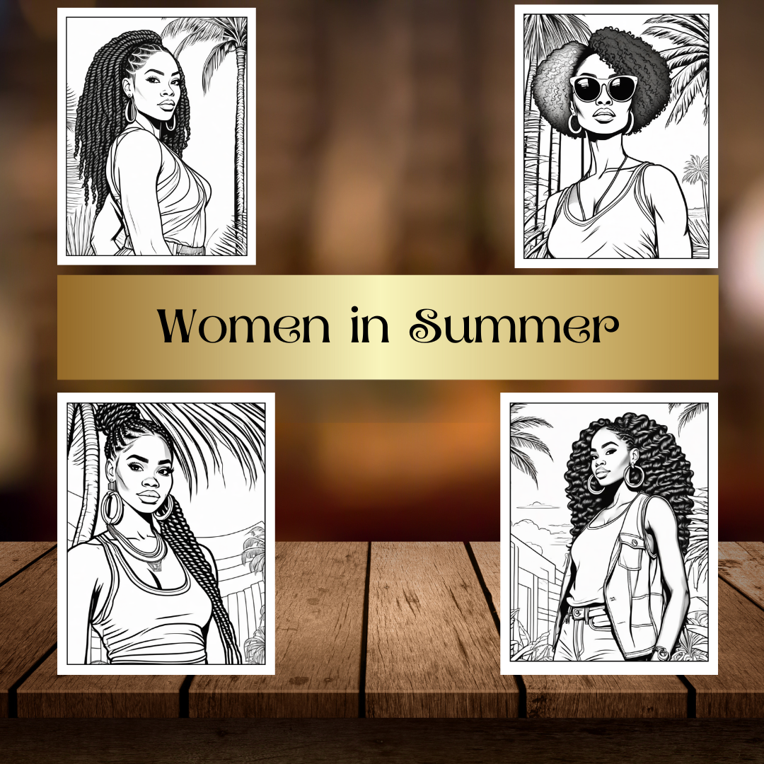 Black Women Summer Vibes Coloring Pages | Melanin Beauty, Afro Hairstyles, Swimsuits & Sun | Fun Digital Download for Relaxation
