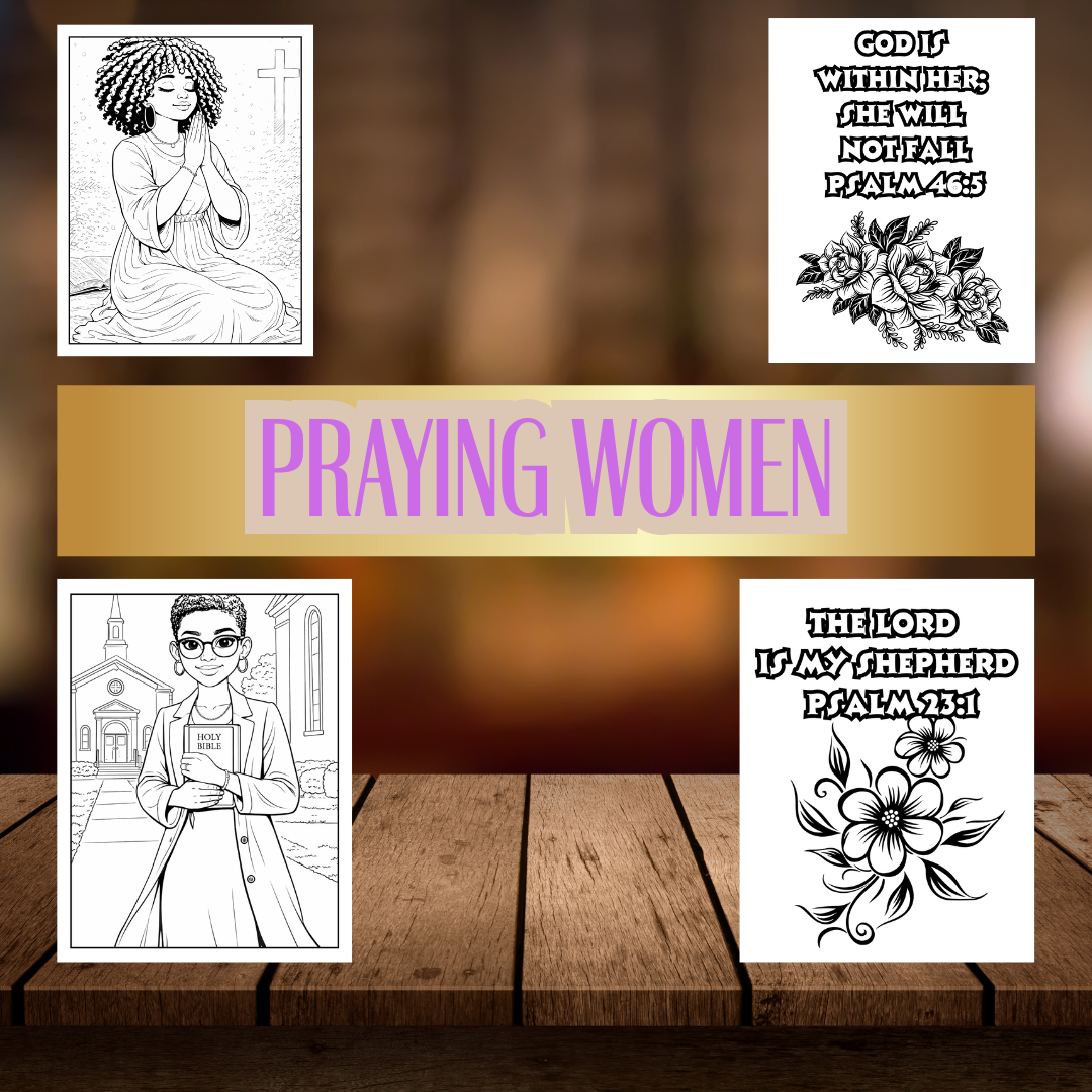 Praying Queens Coloring Book | Black Women Coloring Pages w/ Scriptures | Christian Digital Download | Faith-Based Self-Care Art