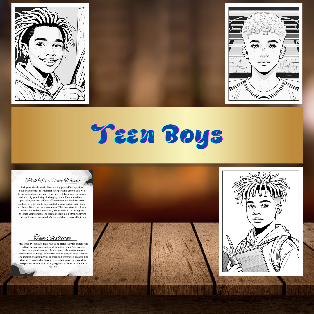 Teen Boy Coloring Book | Digital Mental Health Tools | Black Boy Coloring Pages | Therapy Tips & Challenges | Digital Download