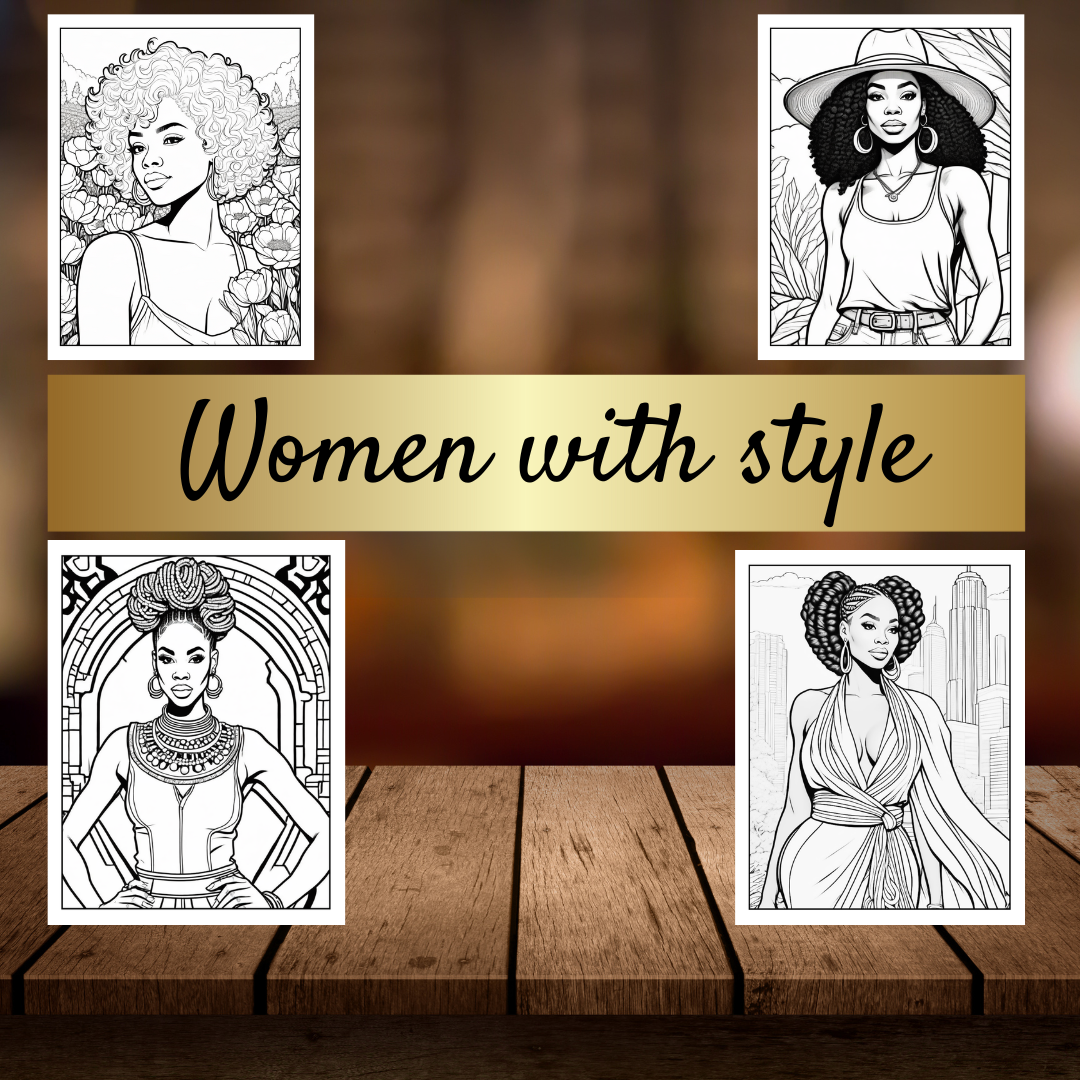 Women With Style Digital Coloring Book|Stylish Black Women in Pant Suits and Dresses | Fashion Coloring Pages for Relaxation and Creativity