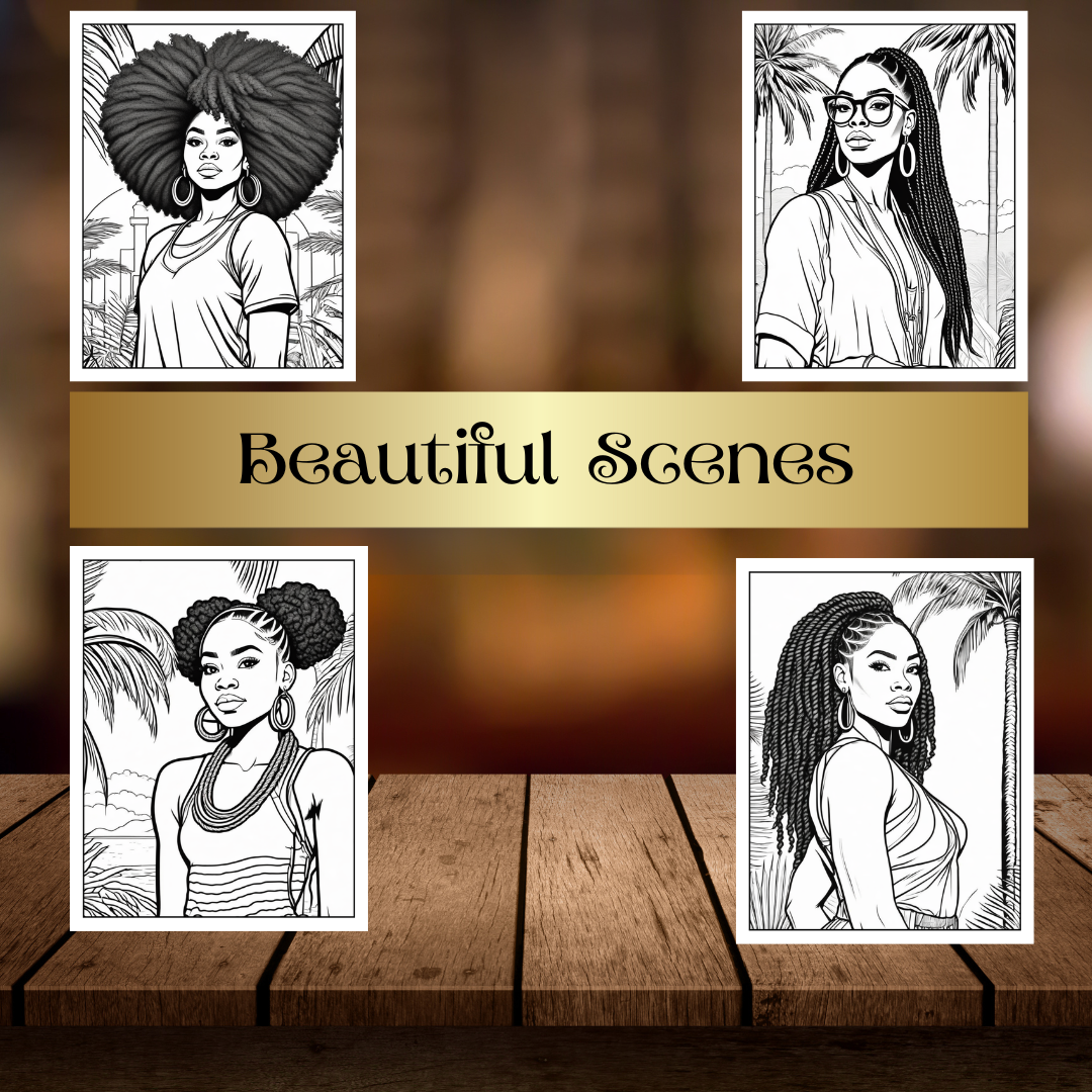 Black Women Summer Vibes Coloring Pages | Melanin Beauty, Afro Hairstyles, Swimsuits & Sun | Fun Digital Download for Relaxation