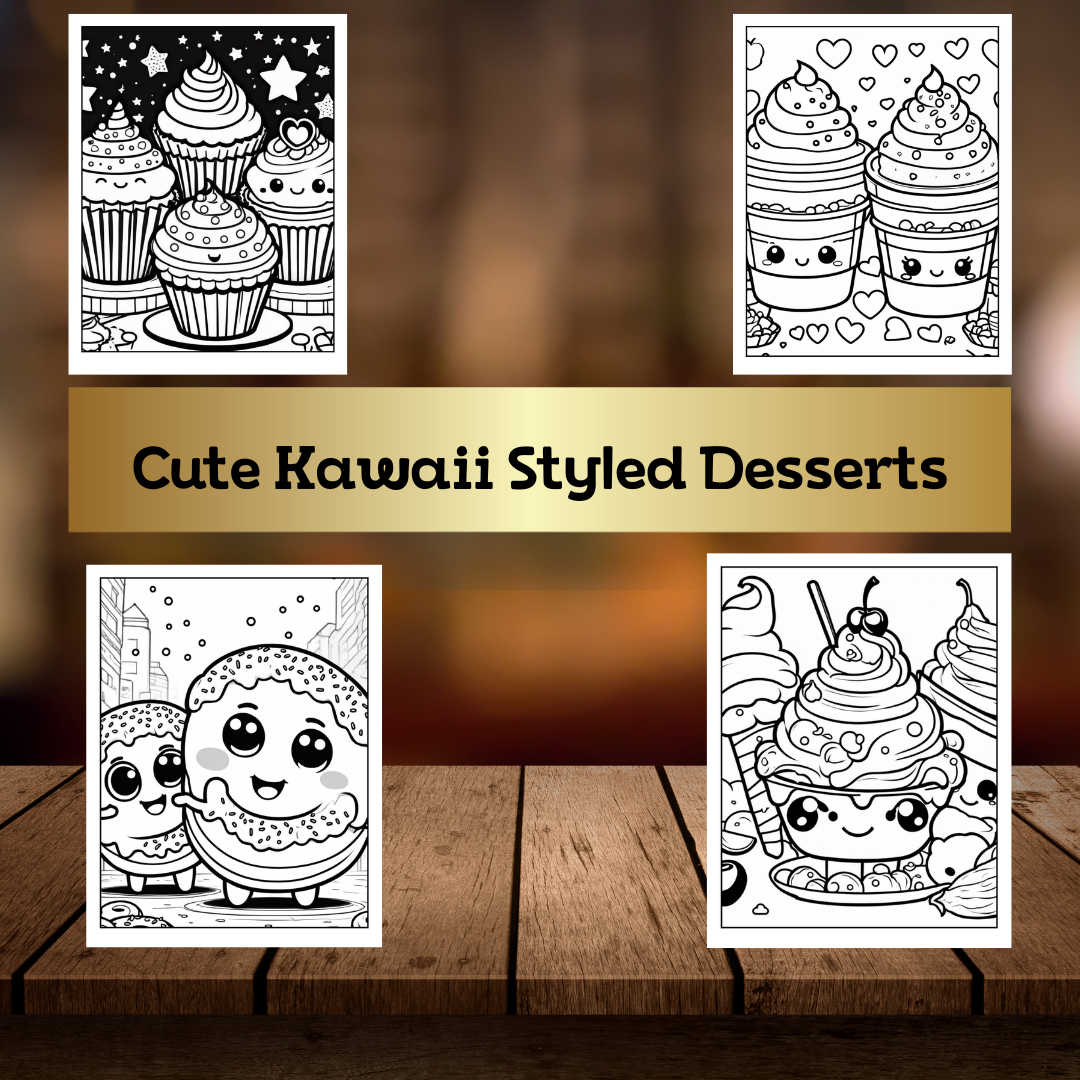 Sweet Treats: Kawaii Styled Dessert Coloring Book| Kawaii| Cute Kawaii| Dessert| Digital Download| Printable Coloring Pages|