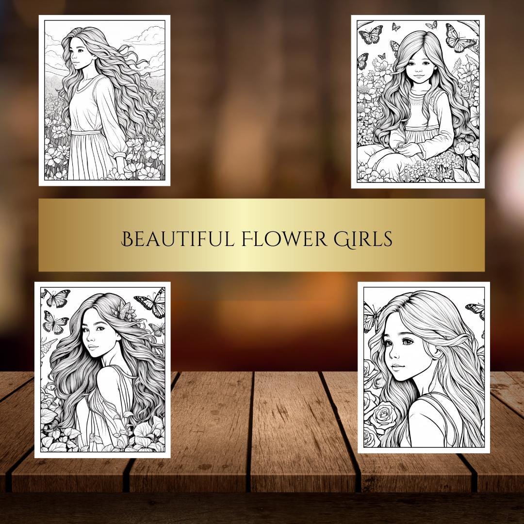 Girl Coloring Book| Flower Girl| Butterflies| Sunflowers|Printable Coloring Pages| Digital Download|Adults, Teens & Kids