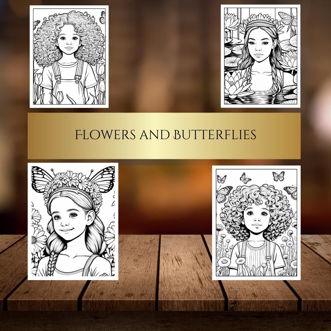 Girl Coloring Book| Flower Girl| Butterflies| Sunflowers|Printable Coloring Pages| Digital Download|Adults, Teens & Kids
