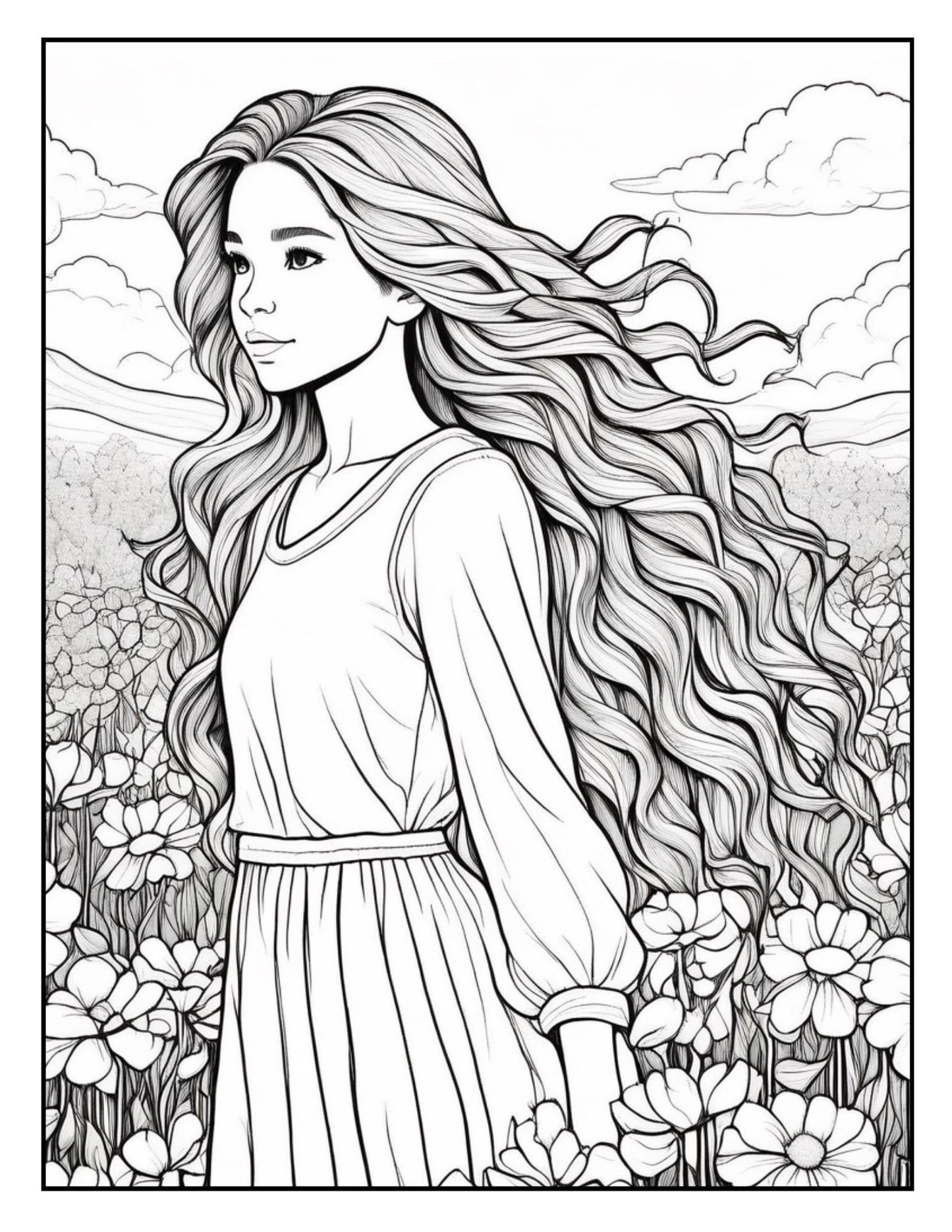 Girl Coloring Book| Flower Girl| Butterflies| Sunflowers|Printable Coloring Pages| Digital Download|Adults, Teens & Kids